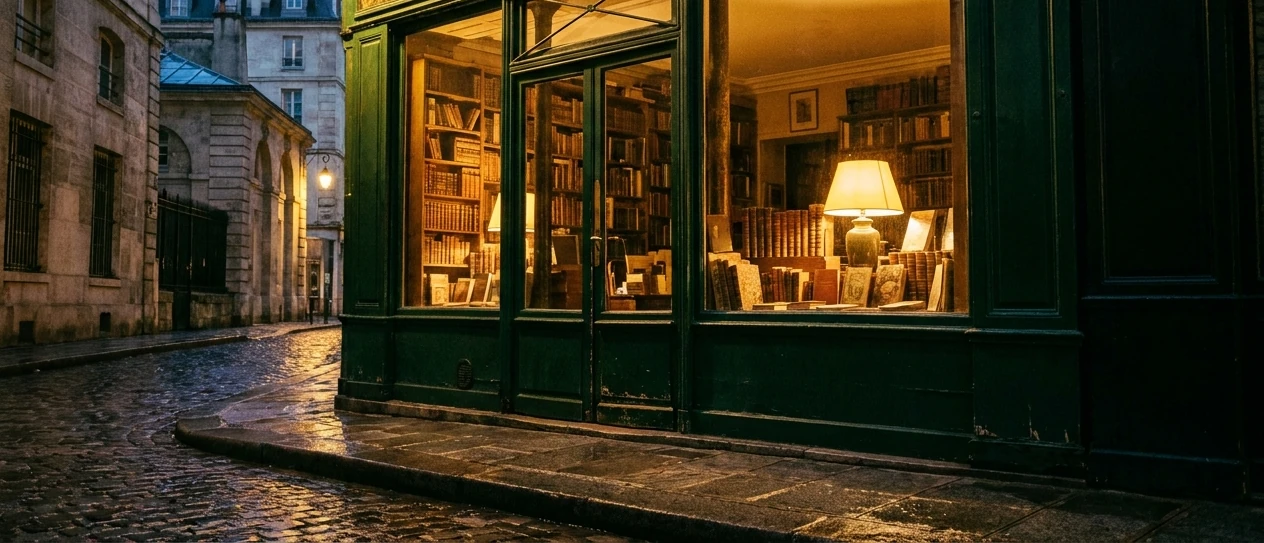 La façade de la Maison Clio rue Servandoni au crépuscule, vitrine bois sombre et lumière chaude
